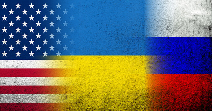 National flag of Ukraine, National flag of Russia and United States of America USA National flag
