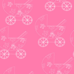 Seamless pattern with the contours of a stroller on a pink background. Vector graphics