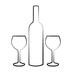 Vector illustration of glass and wine bottle outline isolated on white background