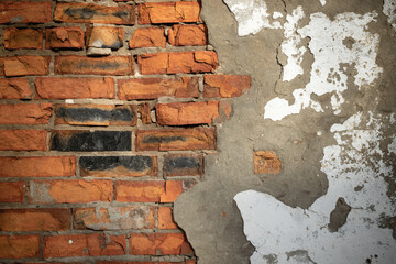 An old weathered brick wall with fragments of plaster. Close-up of the destroyed wall