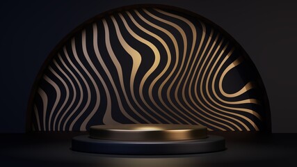 Abstract Realistic 3d render. Circle Podium Black Gold Art deco style. Dark Glamorous shiny lux stand for product presentation. Wavy zebra golden pattern arch. Luxury style rendering