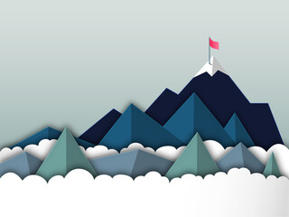 Paper cut style vector illustration of mountain peak with red flag. Concept of business success and achievement. Background illustration in blue and green. - obrazy, fototapety, plakaty