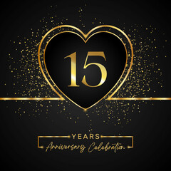 Fototapeta na wymiar 15 years anniversary celebration with gold heart and gold glitter on black background. 15 years anniversary logo golden colored with love. greeting, birthday party, wedding, event party.