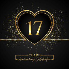Fototapeta na wymiar 17 years anniversary celebration with gold heart and gold glitter on black background. 17 years anniversary logo golden colored with love. greeting, birthday party, wedding, event party.