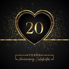 Fototapeta na wymiar 20 years anniversary celebration with gold heart and gold glitter on black background. 20 years anniversary logo golden colored with love. greeting, birthday party, wedding, event party.
