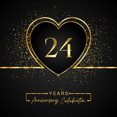 Fototapeta na wymiar 24 years anniversary celebration with gold heart and gold glitter on black background. 24 years anniversary logo golden colored with love. greeting, birthday party, wedding, event party.