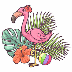 Illustrations about cute pink flamingo and tropical leaves, Illustration cartoon, Summer clipart cartoon isolated on white background, For use as part of logo design, sticker and many more.