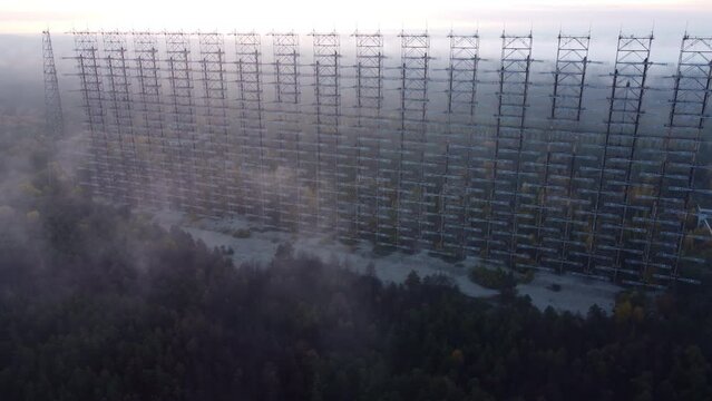 Drone view of the large Duga radar in the Chernobyl exclusion zone.