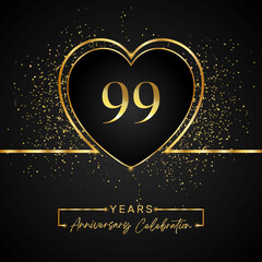 Fototapeta na wymiar 99 years anniversary celebration with gold heart and gold glitter on black background. 99 years anniversary logo golden colored with love. greeting, birthday party, wedding, event party.