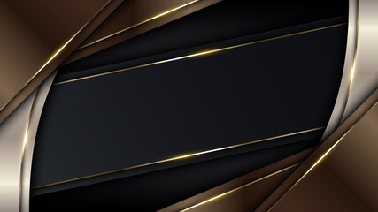 3D modern luxury template design brown and golden stripes with gold glitter line light sparking on black background
