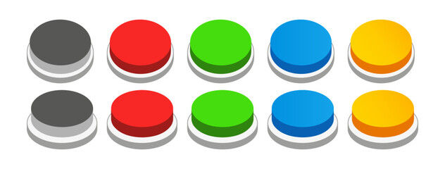 3D flat circular push button icon collection set. Black, red, green, blue, and yellow colors. On off illustration vector symbol. Top front perspective view. - obrazy, fototapety, plakaty