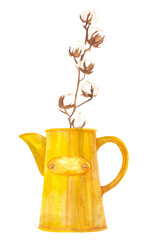 Watercolor illustration of a bouquet of flowers in a vintage golden jug on an isolated white background, iron vase with a label for text, metal kitchen and garden utensils with cotton.