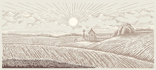 Landelijk landschap met een boerderij. Illustratie in graveerstijl.