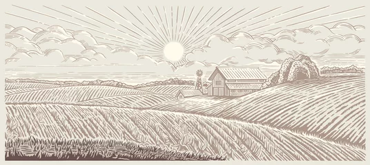 Keuken foto achterwand Wit Landelijk landschap met een boerderij. Illustratie in graveerstijl.