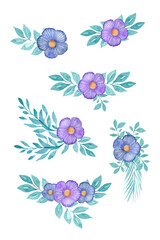 Set Flower arrangement. Watercolor composition with Knitted flower and green leaves. Isolated bouquet on a white background. Design for postcards, banners, invitations and stickers.