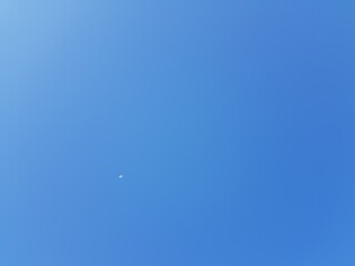 The plane is flying in the blue sky