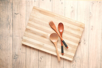 wooden chopping board on table top down 