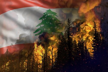 Forest fire fight concept, natural disaster - infernal fire in the woods on Lebanon flag background - 3D illustration of nature
