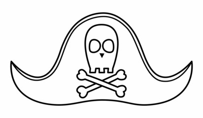 Black and white pirate hat icon. Line cocked accessory with skull and crossed bones. Outline marine treasure hunt headwear or coloring page isolated on white background.