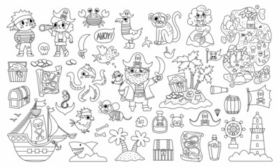 Vector black and white pirate set. Cute line sea adventures icons collection. Treasure island illustrations with ship, captain, sailors, chest, map, parrot, monkey. Pirate party coloring page