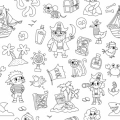 Vector black and white pirate seamless pattern. Cute line sea adventures repeat background. Treasure island digital paper with ship, captain, sailors, chest, map, parrot. Pirate party coloring page.
