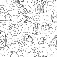 Vector black and white treasure island seamless pattern with pirate ship, octopus. Cute line repeat background with tropical sea isle, sand, palm tree, volcano. Treasure island coloring page.