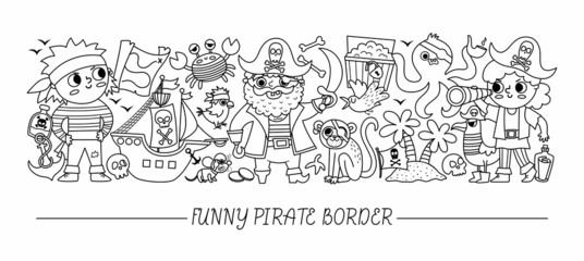 Vector black and white horizontal border set with cute pirates and animals. Line sea adventures card template design. Cute treasure island border or coloring page with crab, captain, sailors.