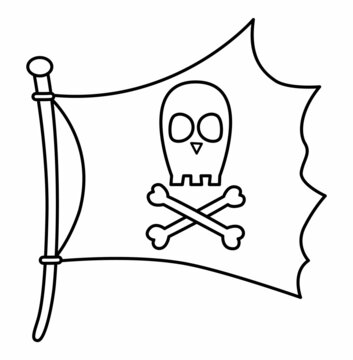 Black and white pirate flag icon. Line raider ship pennant with crossed bones and skull illustration.  Outline marine robber banner. Treasure hunt element or coloring page.
