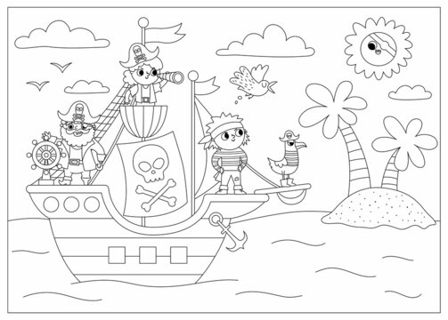 Vector black and white pirate ship scene. Line raider vessel with pirates sailing to the treasure island with palm trees. Treasure hunt illustration with sea, sun, shore. Sea landscape, coloring page.