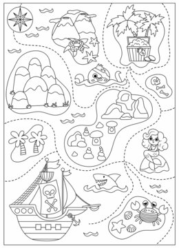 Vector black and white treasure island map with pirate ship, mermaid, octopus. Cute line tropical sea isles with sand, palm trees, volcano, rocks. Treasure island picture or coloring page.
