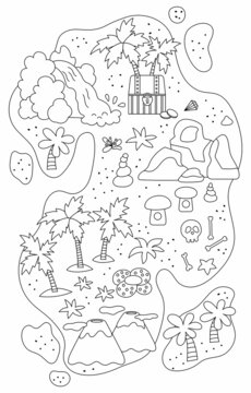 Vector black and white tropical island icon. Cute sea isle with sand, palm trees, volcano, rocks, waterfall illustration. Outline treasure island picture with chest, coins. Pirate party coloring page.
