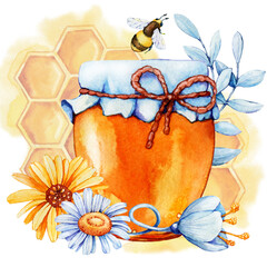 Jar of jam, honey, a beekeeping product isolated on white background. Close-up watercolor illustration. Packaging and wrapping design for honey, food industry, beekeeper
