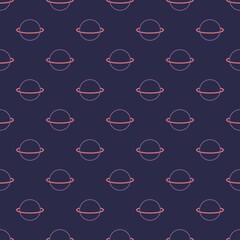 Planet with halo. Uranus or Saturn. Thin Line Stroke. Minimalistic abstract simple design. Space and science modern illustration. Square seamless Pattern. Dark background, wallpaper