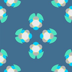 Geometric graphic flowers vector seamless repeat pattern in blue and green