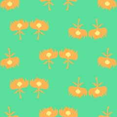 Minimalistic graphic retro 60s style orange flowers vector repeat pattern on a green background