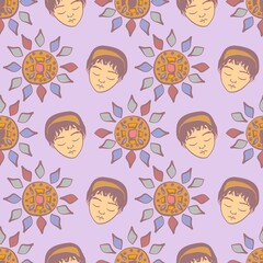 Girl's faces and sunbursts cute vector seamless repeatable pattern in orange and lilac