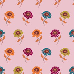 Multicolor flowers arranged in regular rows vector seamless repeat pattern on a pale pink background