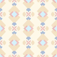Pastel colored diamond and curved geometric shapes vector seamless repeat pattern