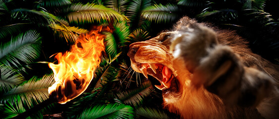 An imaginary picture of a aggressive lion in front of a burning torch