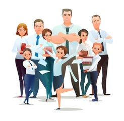 Family of Successful businessman. Cheerful persons in standing pose. Ma and women with kids in business shirt tie. Cartoon comic style flat design. Separate character. Illustration isolated. Vector