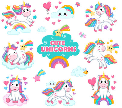 colorful set of cute unicorns in different poses. stickers for kids in cartoon style. vector illustration