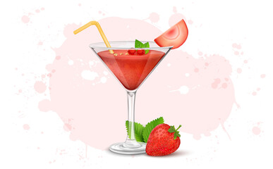 Fresh healthy strawberry smoothie in martini glass vector illustration with strawberry fruit