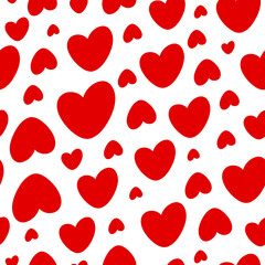 Fototapeta na wymiar Hand drawn seamless repeatable pattern with heart element. Different size and orientation. Arranged in strings. Red on white background. Happy mothers day