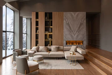 Fototapete Hotel Chic living room, marble wall fireplace and stylish bookcase in chic expensive interior of luxury country house with a modern design with wood and led light, gray furniture with gold elements  © 4595886