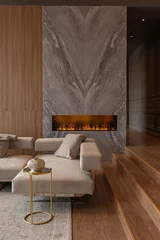 Fotobehang Hotel chique living room, marble wall fireplace and stylish bookcase in chic expensive interior of luxury country house with a modern design with wood and led light, gray furniture with gold elements  © 4595886