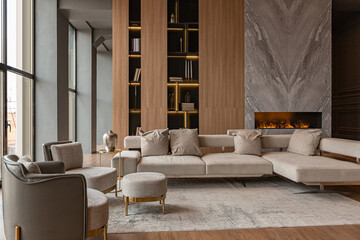 living room, marble wall fireplace and stylish bookcase in chic expensive interior of luxury...