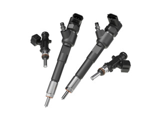 Diesel and petrol fuel injectors on white background. 