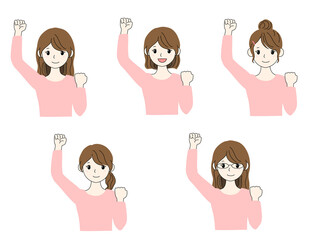 笑顔でガッツポーズをしている可愛い女性のイラストｰ片手