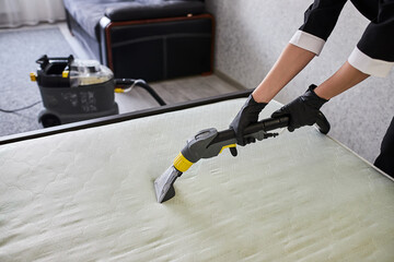 Cleaning service company employee removing dirt from furniture in flat with professional equipment....