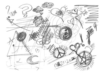 Art composition, abstract hand drawn shapes isolated on white